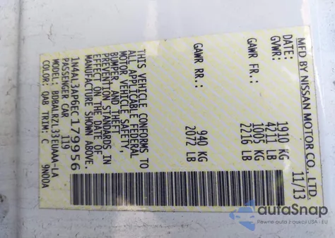 2014 Nissan Altima 2.5 S z USA, uszkodzony, nr VIN 1N4AL3AP6EC179956